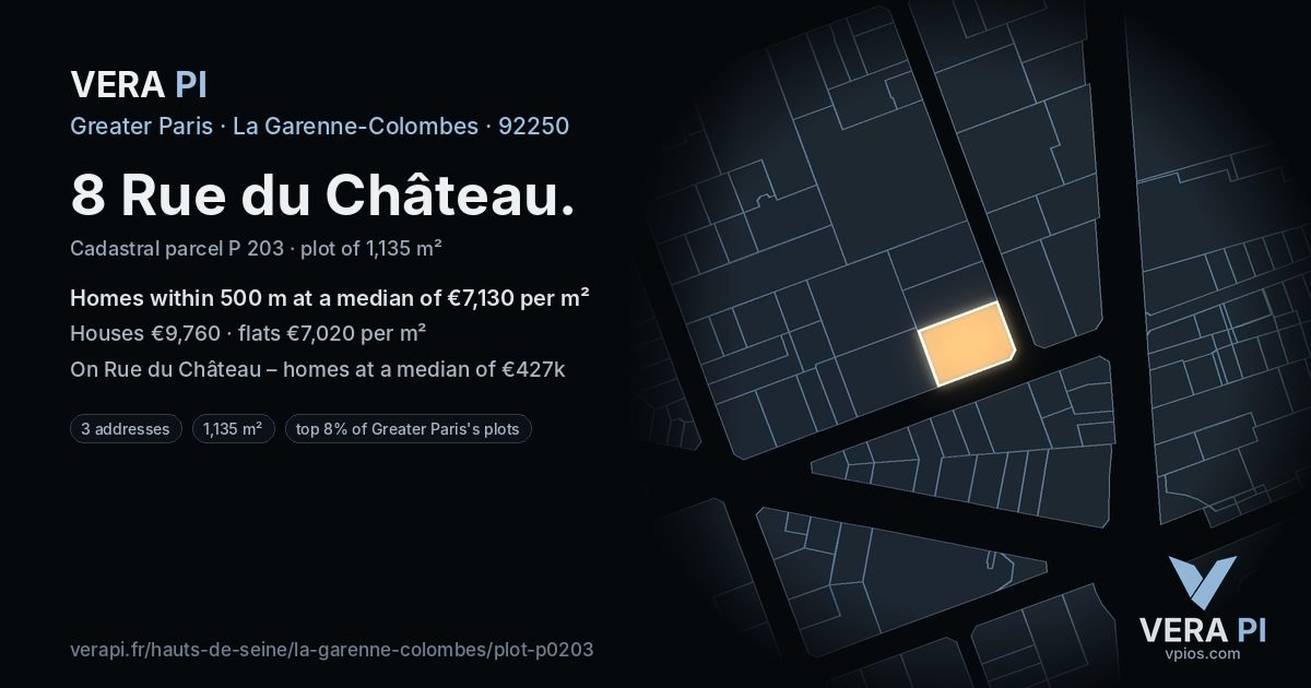 8 Rue du Château, La Garenne-Colombes at night – the plot lit, the parcels around coloured by the prices near them