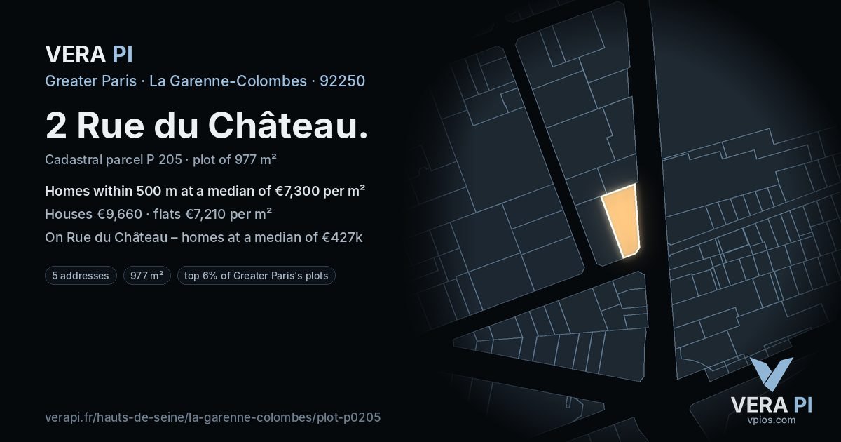 2 Rue du Château, La Garenne-Colombes at night – the plot lit, the parcels around coloured by the prices near them