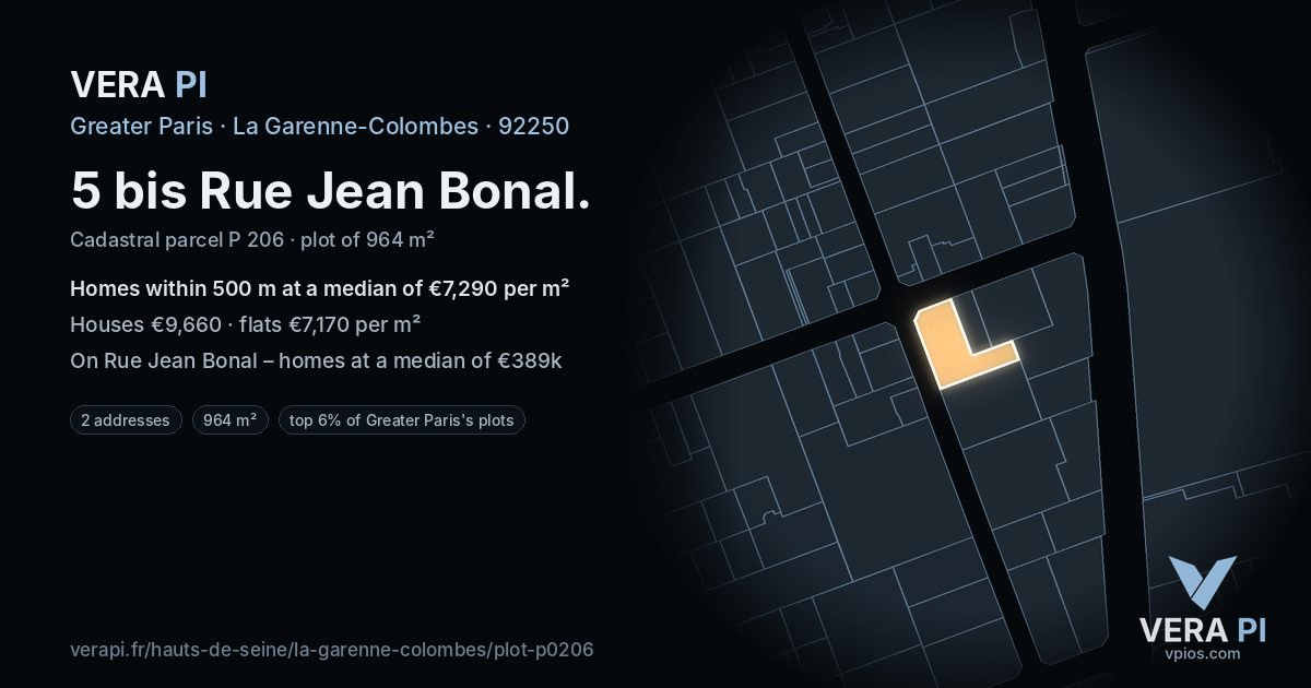5 bis Rue Jean Bonal, La Garenne-Colombes at night – the plot lit, the parcels around coloured by the prices near them