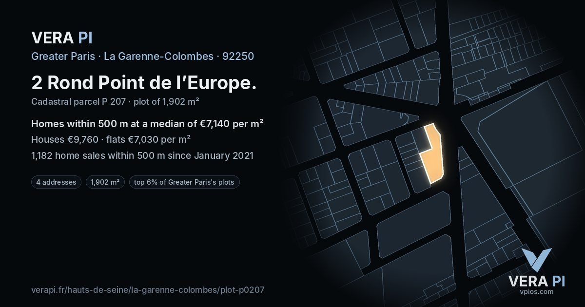 2 Rond Point de l’Europe, La Garenne-Colombes at night – the plot lit, the parcels around coloured by the prices near them