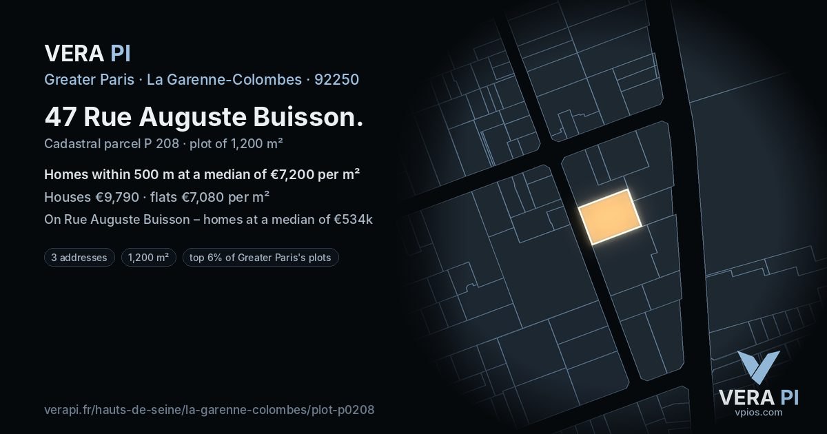 47 Rue Auguste Buisson, La Garenne-Colombes at night – the plot lit, the parcels around coloured by the prices near them