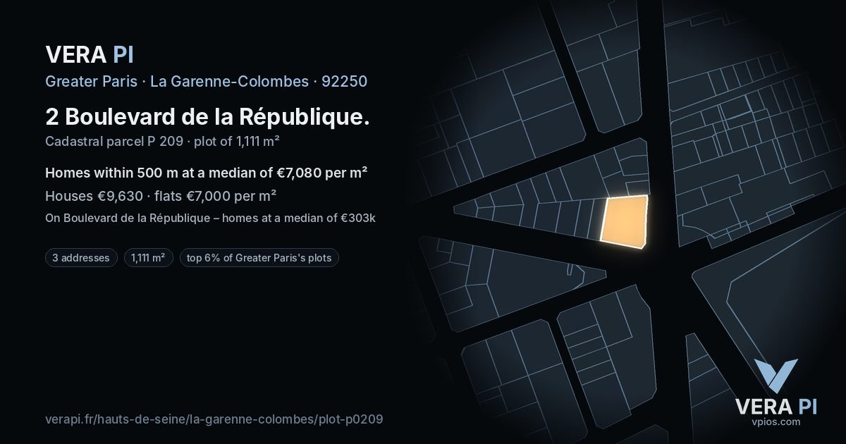 2 Boulevard de la République, La Garenne-Colombes at night – the plot lit, the parcels around coloured by the prices near them