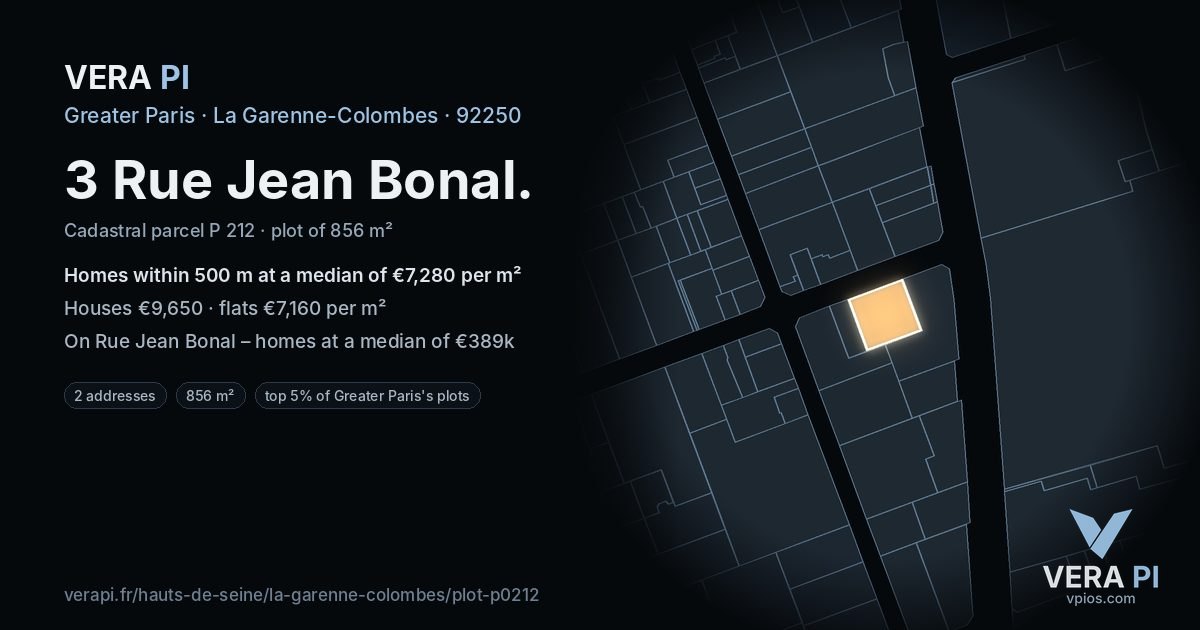 3 Rue Jean Bonal, La Garenne-Colombes at night – the plot lit, the parcels around coloured by the prices near them
