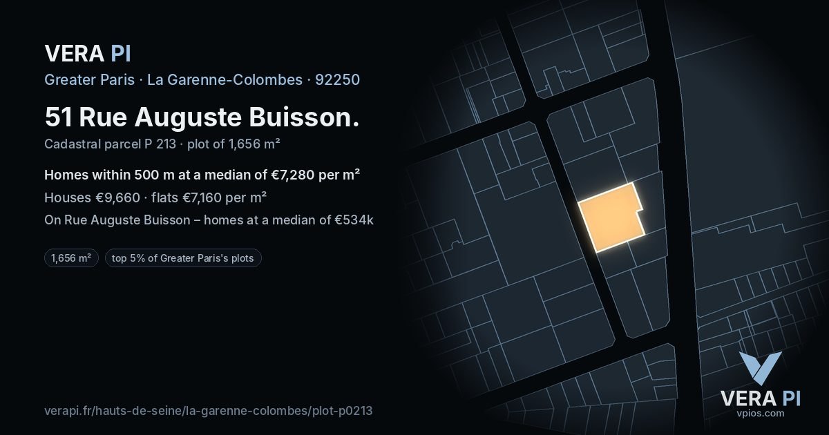 51 Rue Auguste Buisson, La Garenne-Colombes at night – the plot lit, the parcels around coloured by the prices near them