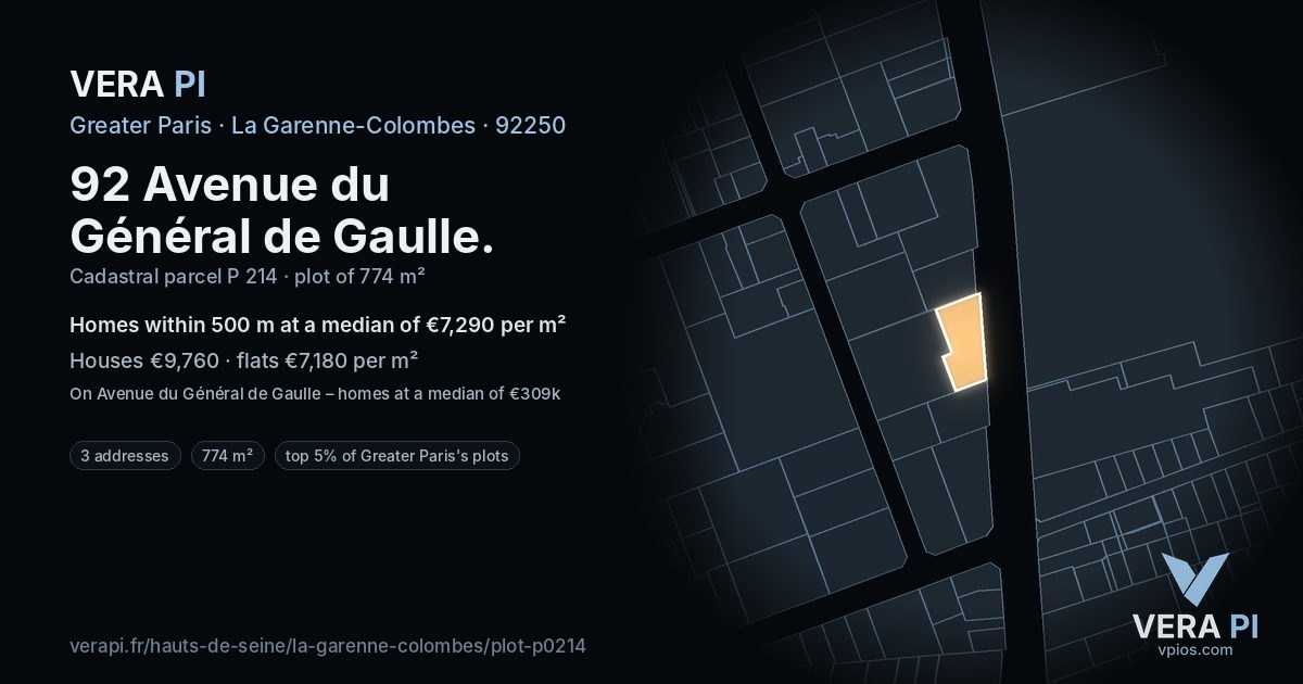 92 Avenue du Général de Gaulle, La Garenne-Colombes at night – the plot lit, the parcels around coloured by the prices near them