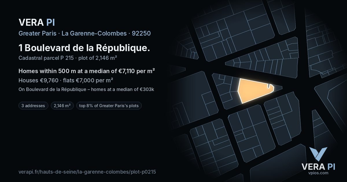 1 Boulevard de la République, La Garenne-Colombes at night – the plot lit, the parcels around coloured by the prices near them