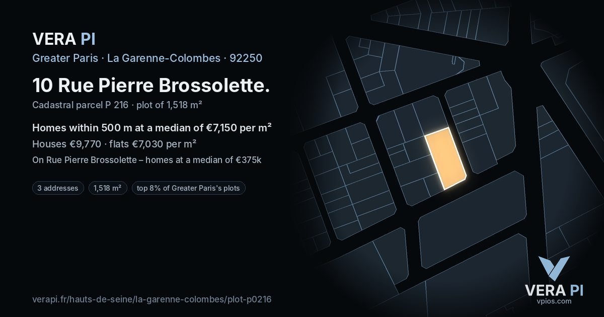 10 Rue Pierre Brossolette, La Garenne-Colombes at night – the plot lit, the parcels around coloured by the prices near them