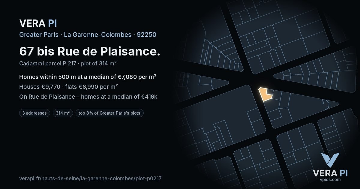 67 bis Rue de Plaisance, La Garenne-Colombes at night – the plot lit, the parcels around coloured by the prices near them
