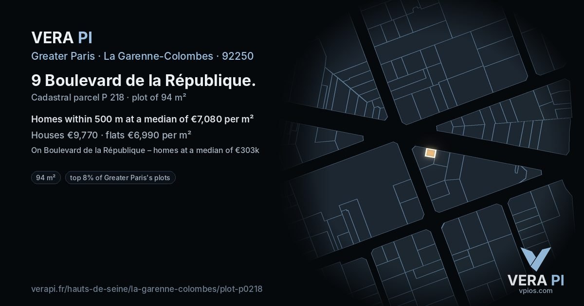 9 Boulevard de la République, La Garenne-Colombes at night – the plot lit, the parcels around coloured by the prices near them
