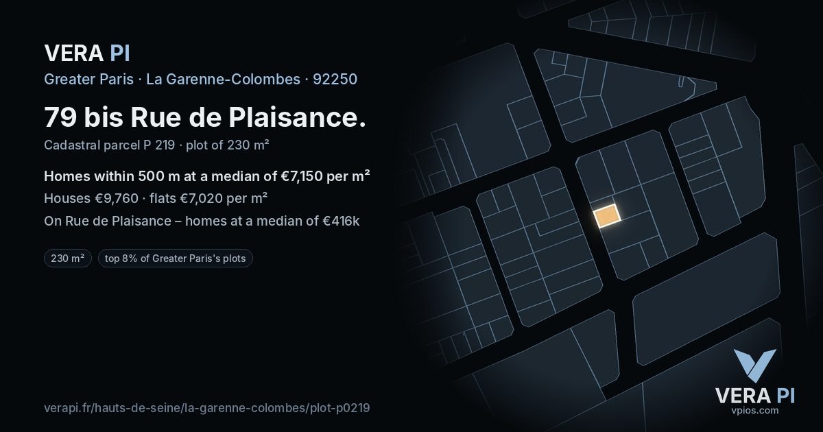 79 bis Rue de Plaisance, La Garenne-Colombes at night – the plot lit, the parcels around coloured by the prices near them