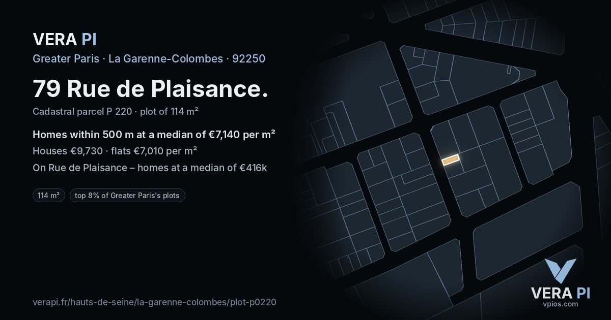 79 Rue de Plaisance, La Garenne-Colombes at night – the plot lit, the parcels around coloured by the prices near them