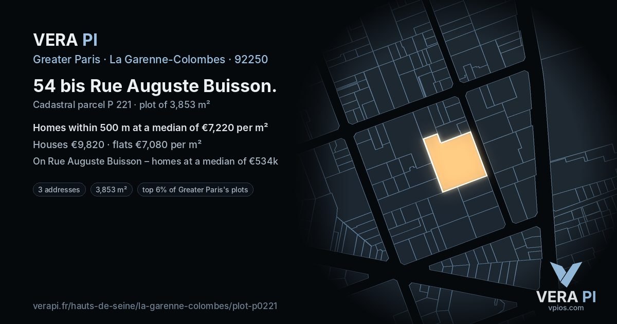 54 bis Rue Auguste Buisson, La Garenne-Colombes at night – the plot lit, the parcels around coloured by the prices near them