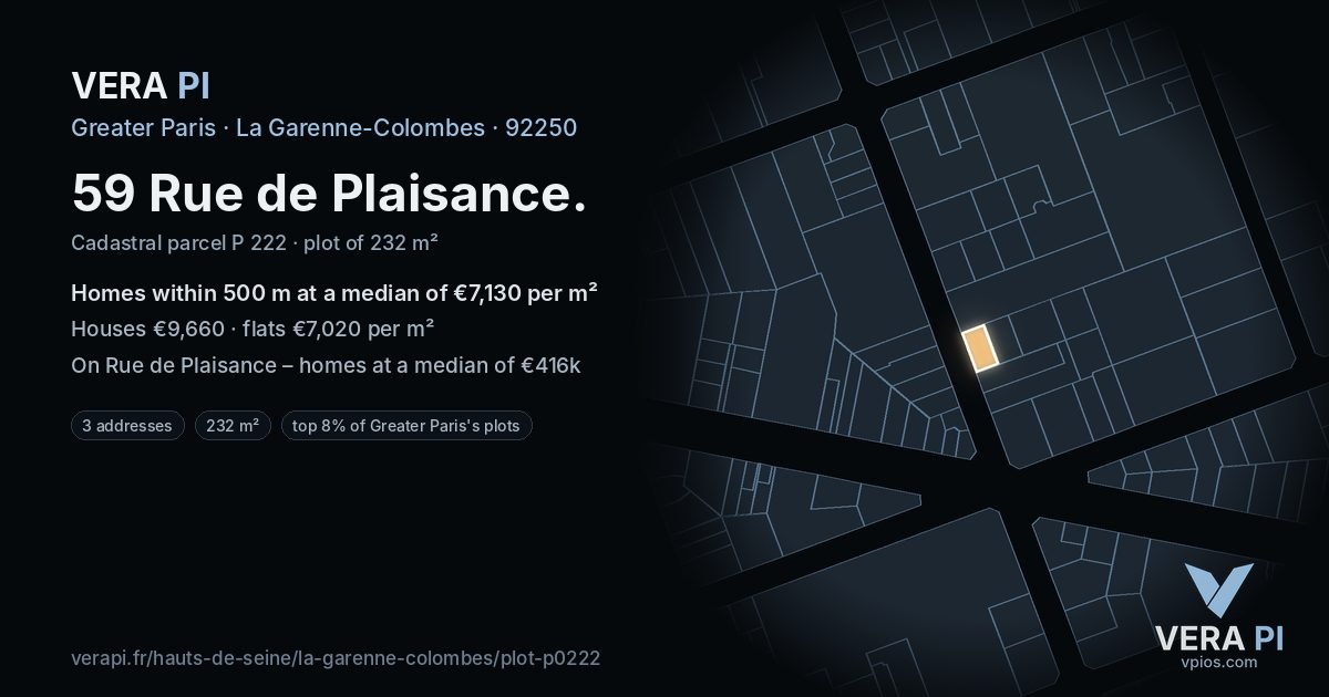 59 Rue de Plaisance, La Garenne-Colombes at night – the plot lit, the parcels around coloured by the prices near them