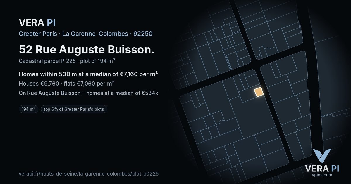 52 Rue Auguste Buisson, La Garenne-Colombes at night – the plot lit, the parcels around coloured by the prices near them
