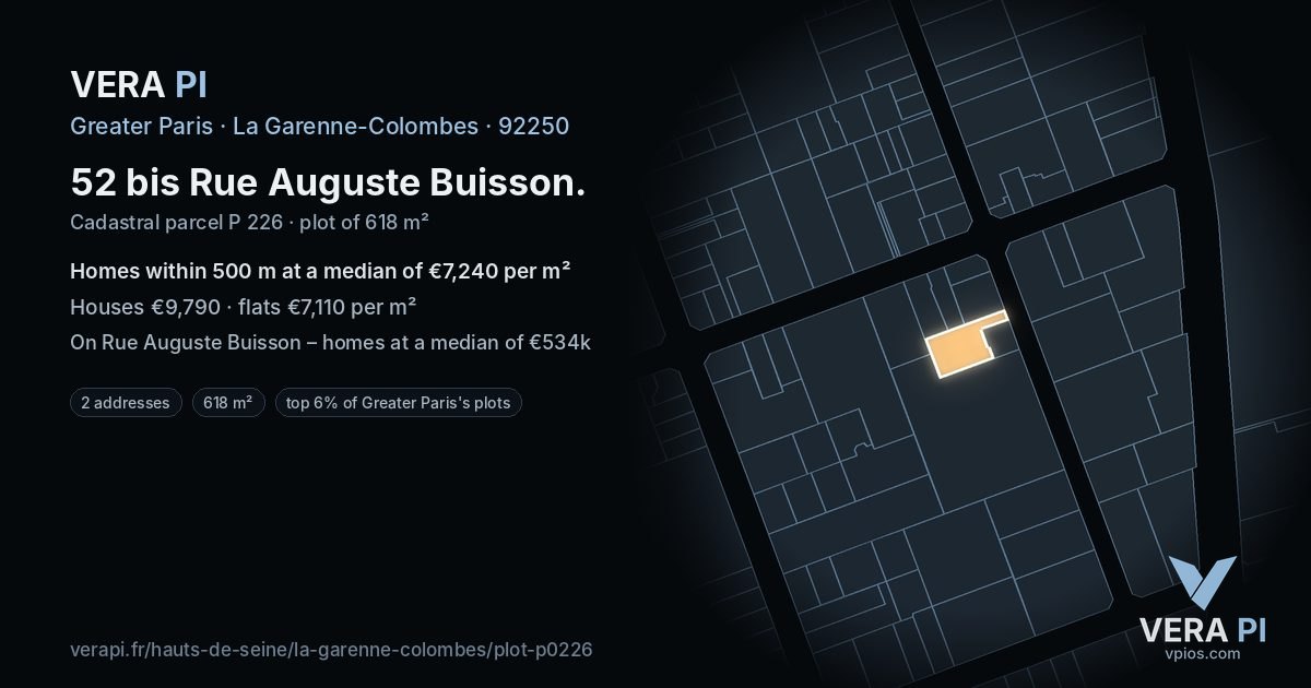 52 bis Rue Auguste Buisson, La Garenne-Colombes at night – the plot lit, the parcels around coloured by the prices near them
