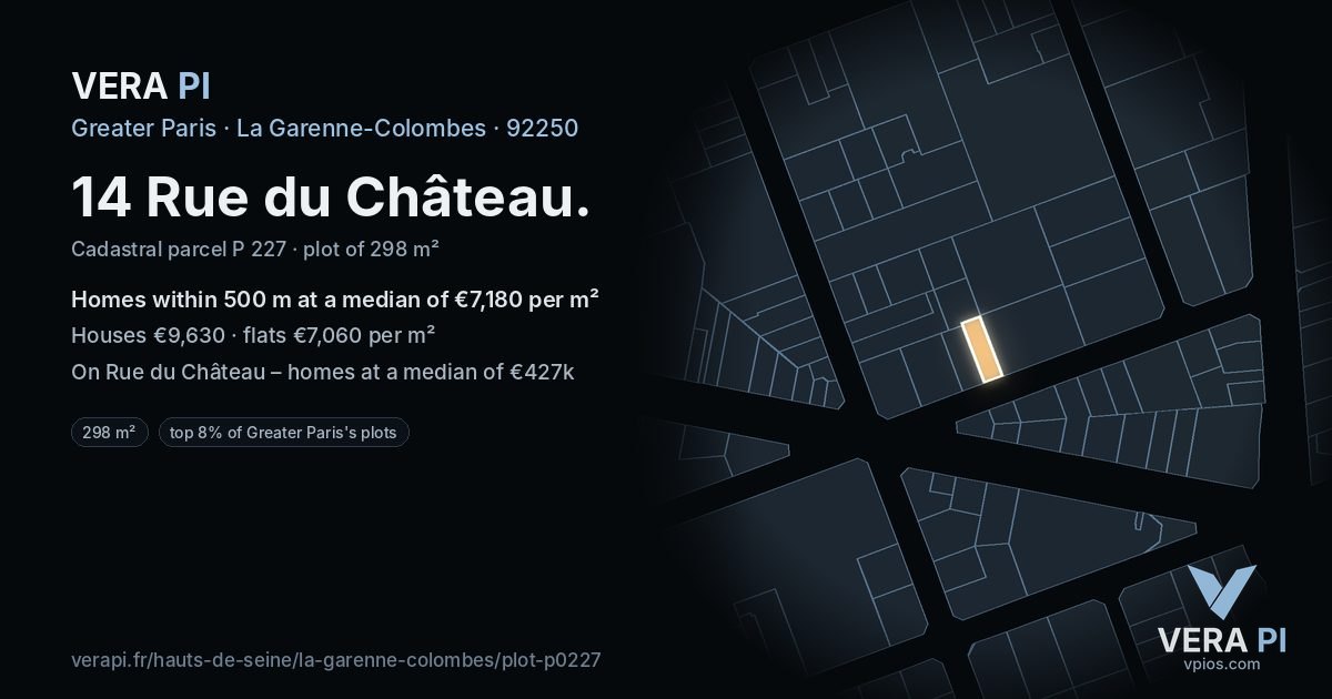 14 Rue du Château, La Garenne-Colombes at night – the plot lit, the parcels around coloured by the prices near them