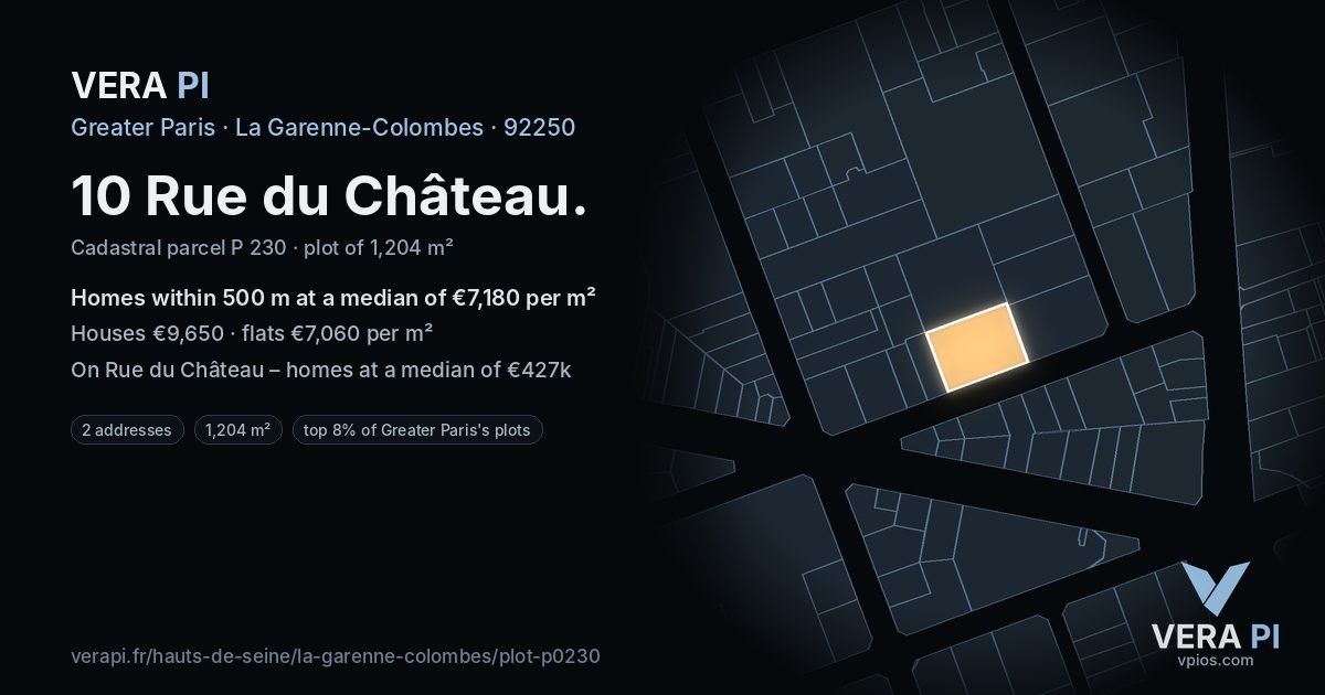 10 Rue du Château, La Garenne-Colombes at night – the plot lit, the parcels around coloured by the prices near them