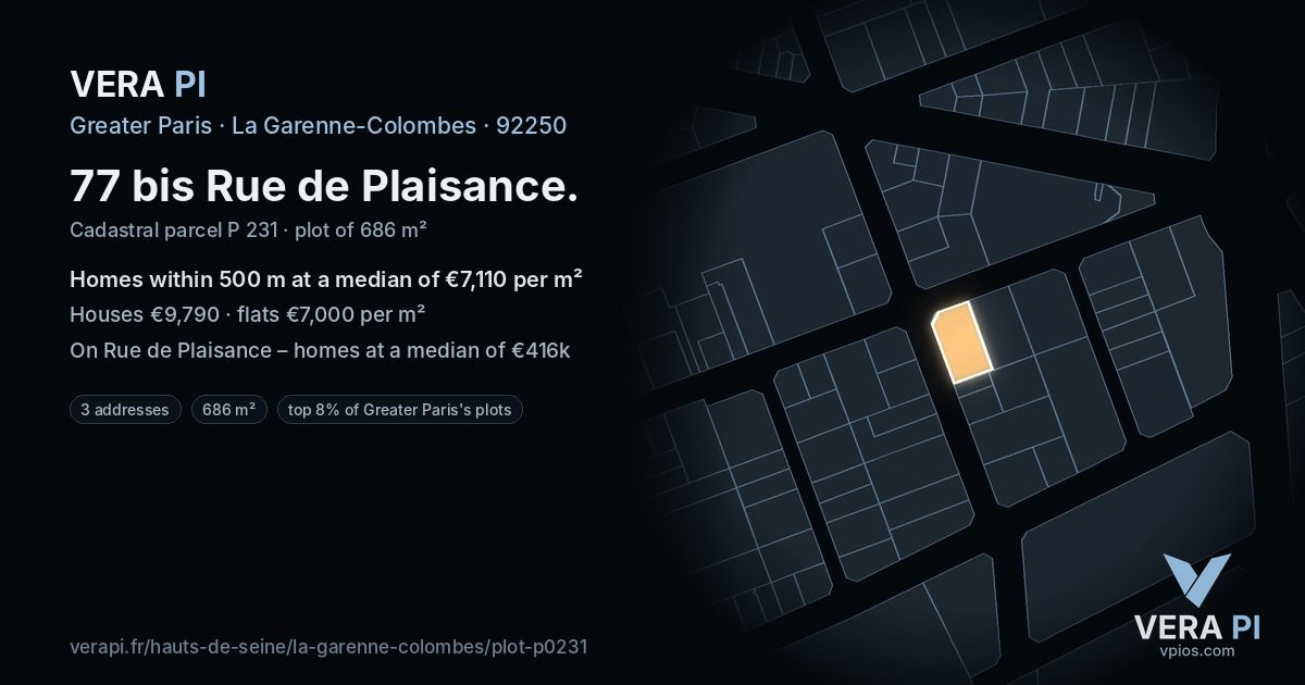 77 bis Rue de Plaisance, La Garenne-Colombes at night – the plot lit, the parcels around coloured by the prices near them