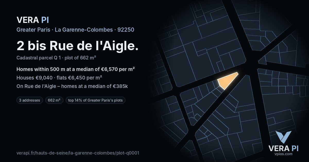 2 bis Rue de l'Aigle, La Garenne-Colombes at night – the plot lit, the parcels around coloured by the prices near them