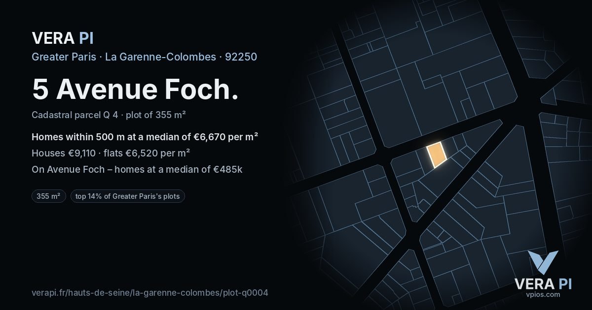5 Avenue Foch, La Garenne-Colombes at night – the plot lit, the parcels around coloured by the prices near them