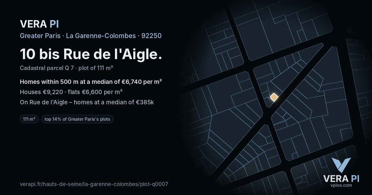 10 bis Rue de l'Aigle, La Garenne-Colombes at night – the plot lit, the parcels around coloured by the prices near them