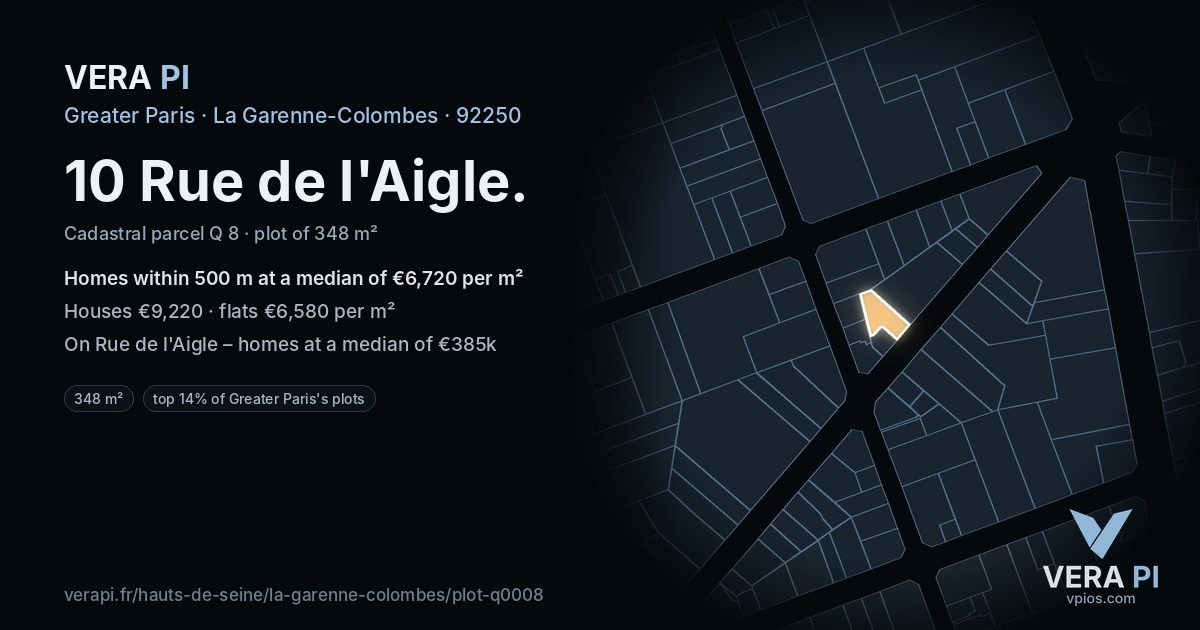 10 Rue de l'Aigle, La Garenne-Colombes at night – the plot lit, the parcels around coloured by the prices near them