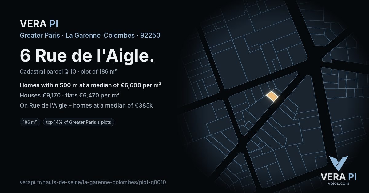 6 Rue de l'Aigle, La Garenne-Colombes at night – the plot lit, the parcels around coloured by the prices near them