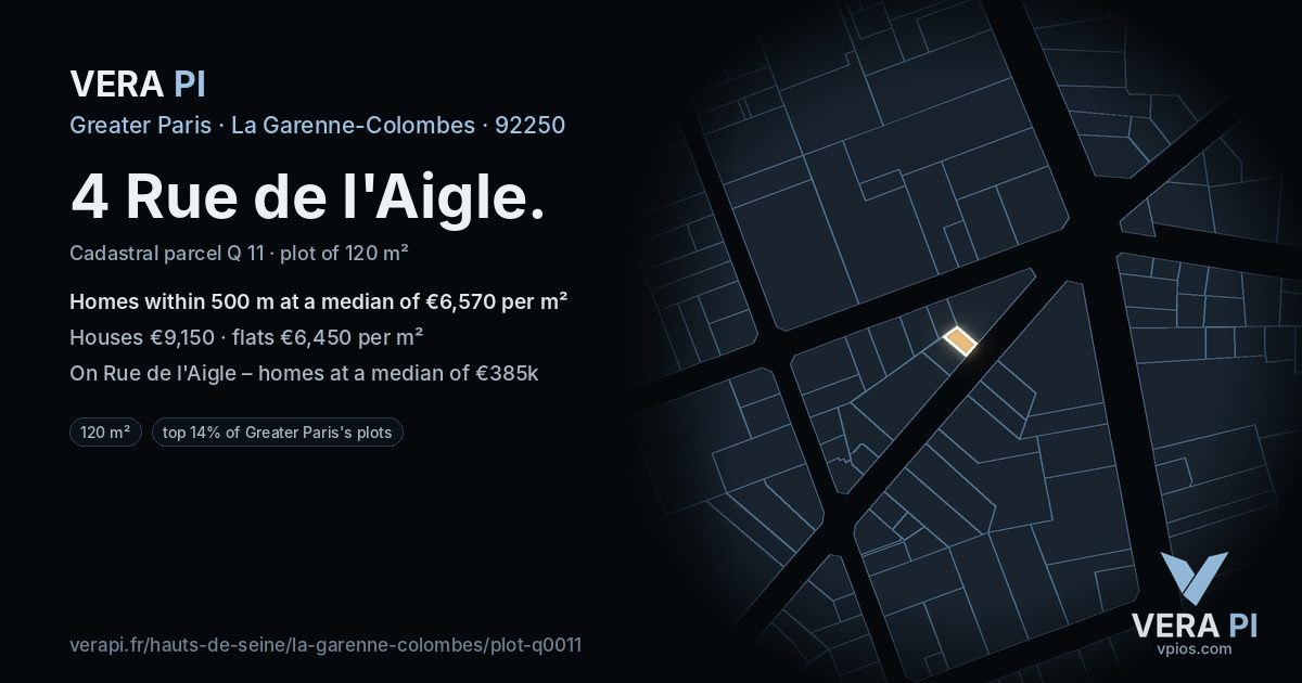 4 Rue de l'Aigle, La Garenne-Colombes at night – the plot lit, the parcels around coloured by the prices near them