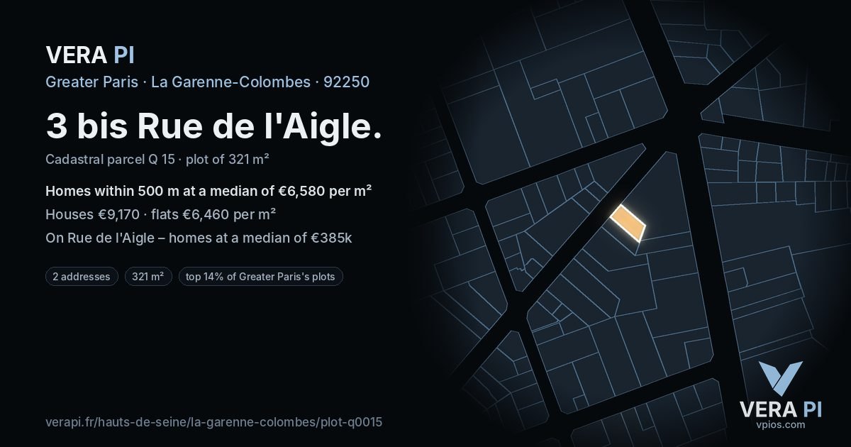 3 bis Rue de l'Aigle, La Garenne-Colombes at night – the plot lit, the parcels around coloured by the prices near them