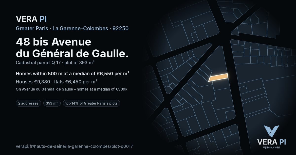 48 bis Avenue du Général de Gaulle, La Garenne-Colombes at night – the plot lit, the parcels around coloured by the prices near them