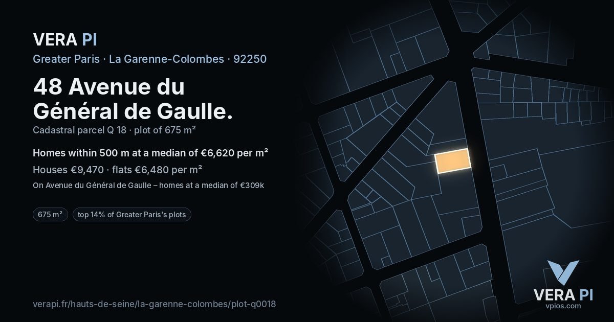 48 Avenue du Général de Gaulle, La Garenne-Colombes at night – the plot lit, the parcels around coloured by the prices near them