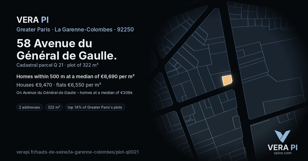 58 Avenue du Général de Gaulle, La Garenne-Colombes at night – the plot lit, the parcels around coloured by the prices near them