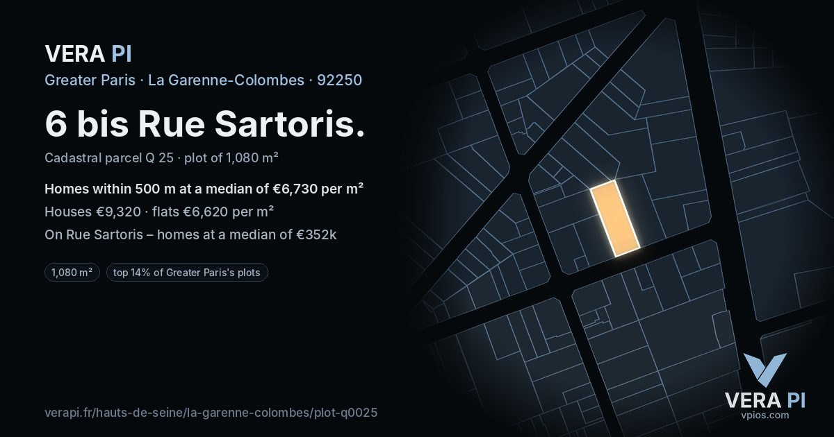 6 bis Rue Sartoris, La Garenne-Colombes at night – the plot lit, the parcels around coloured by the prices near them