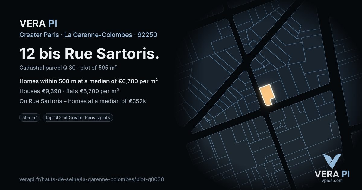 12 bis Rue Sartoris, La Garenne-Colombes at night – the plot lit, the parcels around coloured by the prices near them