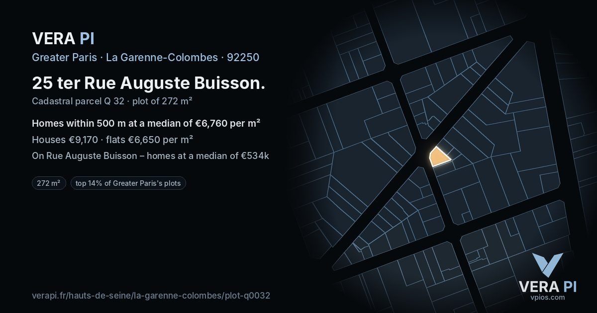25 ter Rue Auguste Buisson, La Garenne-Colombes at night – the plot lit, the parcels around coloured by the prices near them