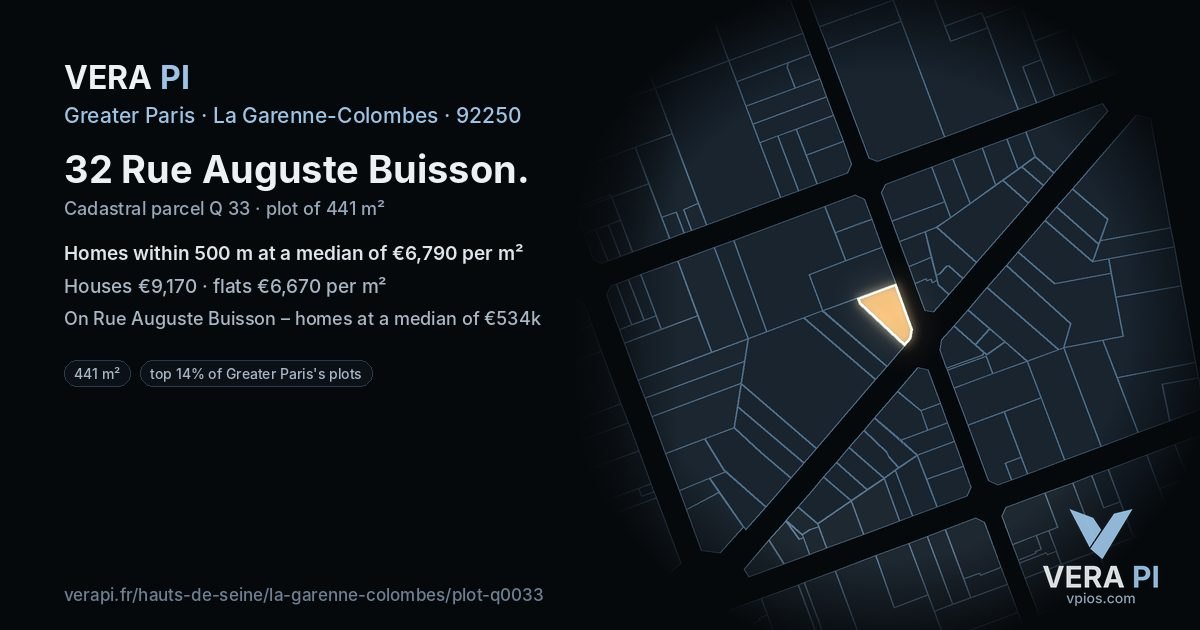 32 Rue Auguste Buisson, La Garenne-Colombes at night – the plot lit, the parcels around coloured by the prices near them