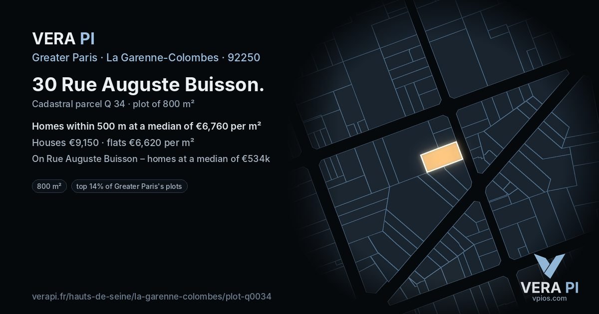 30 Rue Auguste Buisson, La Garenne-Colombes at night – the plot lit, the parcels around coloured by the prices near them