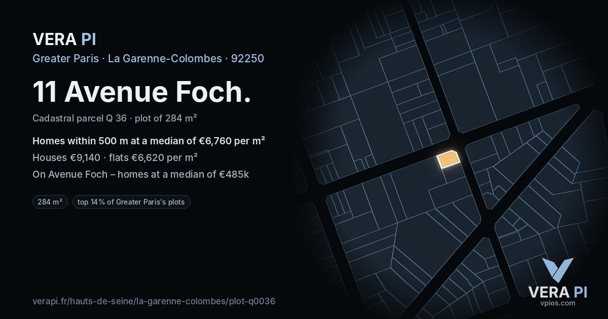 11 Avenue Foch, La Garenne-Colombes at night – the plot lit, the parcels around coloured by the prices near them
