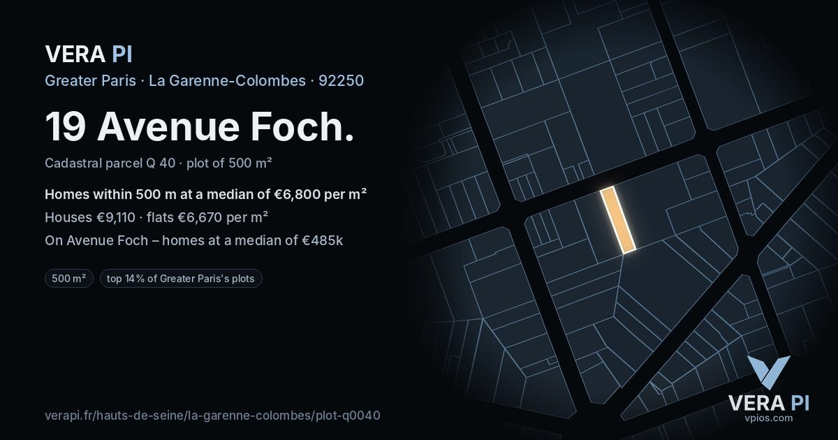 19 Avenue Foch, La Garenne-Colombes at night – the plot lit, the parcels around coloured by the prices near them