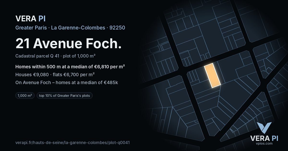 21 Avenue Foch, La Garenne-Colombes at night – the plot lit, the parcels around coloured by the prices near them