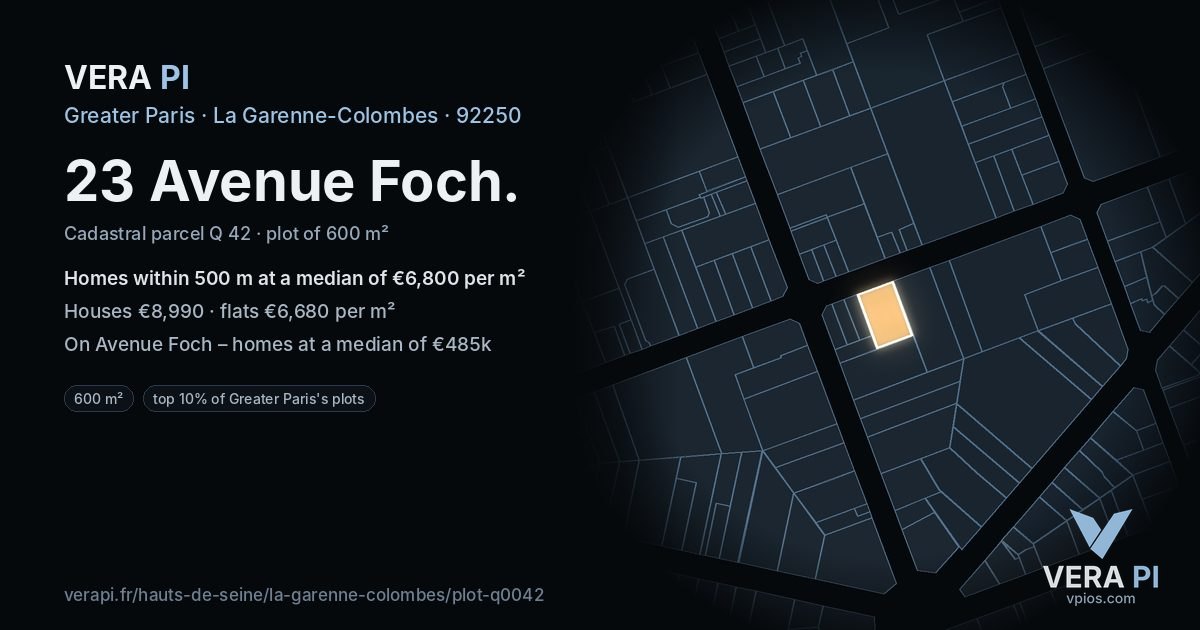 23 Avenue Foch, La Garenne-Colombes at night – the plot lit, the parcels around coloured by the prices near them