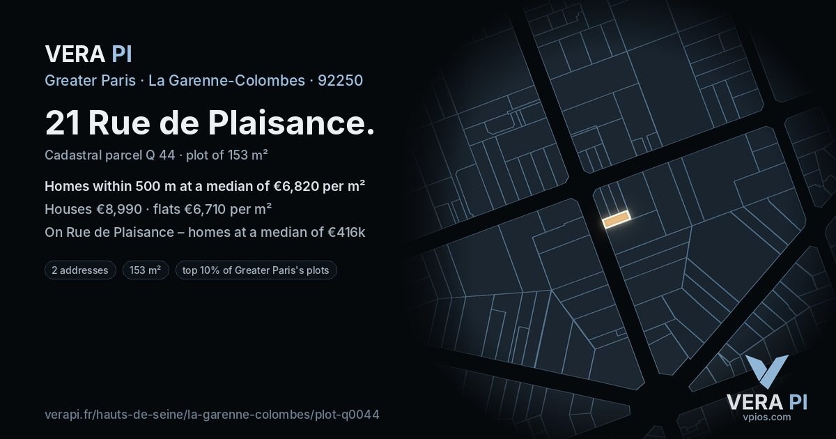 21 Rue de Plaisance, La Garenne-Colombes at night – the plot lit, the parcels around coloured by the prices near them