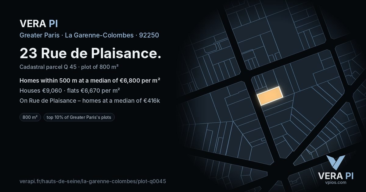 23 Rue de Plaisance, La Garenne-Colombes at night – the plot lit, the parcels around coloured by the prices near them