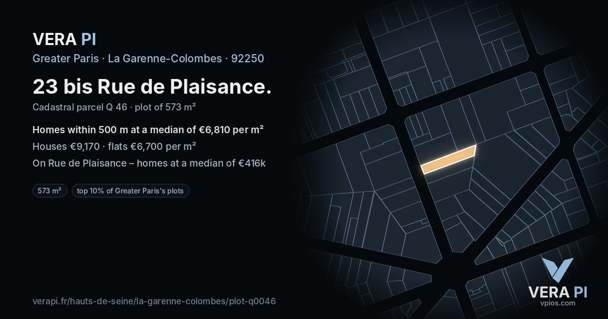 23 bis Rue de Plaisance, La Garenne-Colombes at night – the plot lit, the parcels around coloured by the prices near them