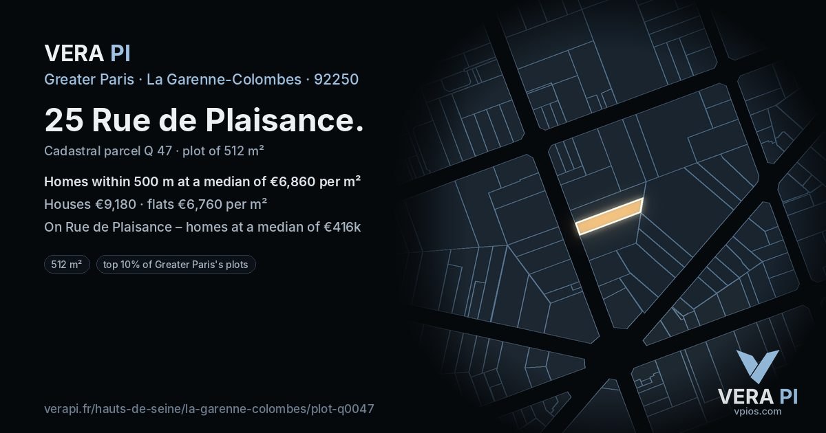 25 Rue de Plaisance, La Garenne-Colombes at night – the plot lit, the parcels around coloured by the prices near them