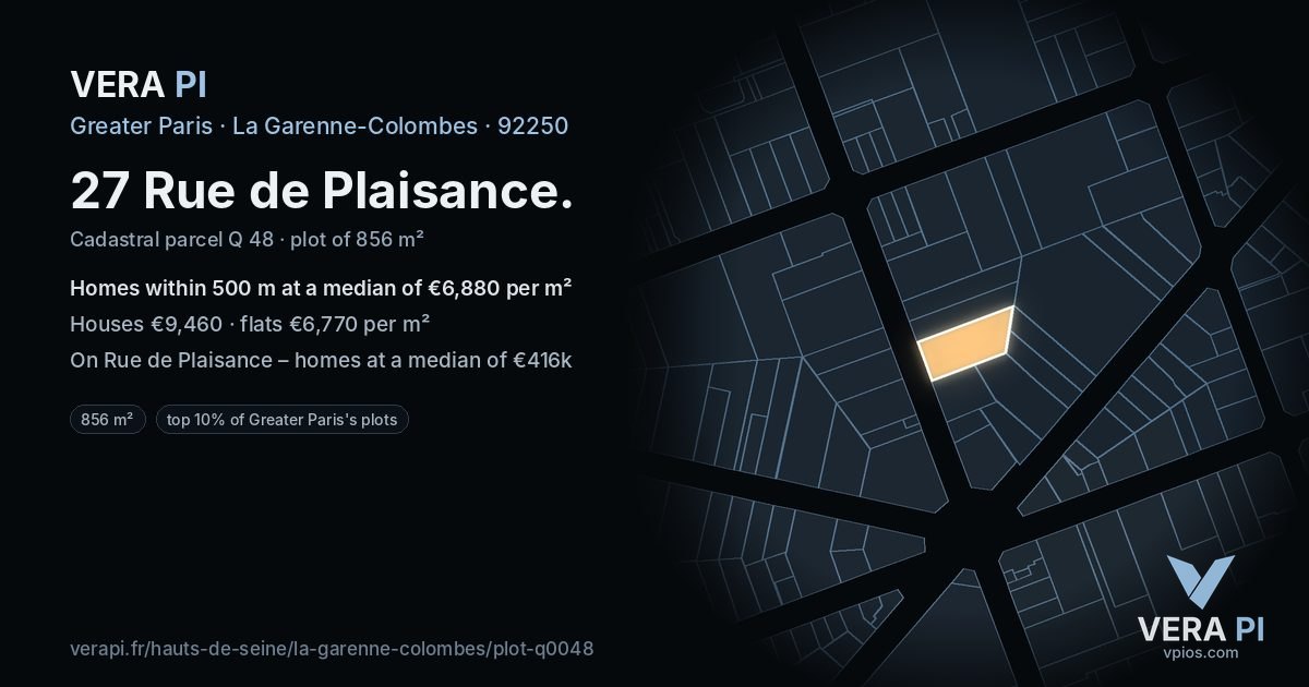 27 Rue de Plaisance, La Garenne-Colombes at night – the plot lit, the parcels around coloured by the prices near them