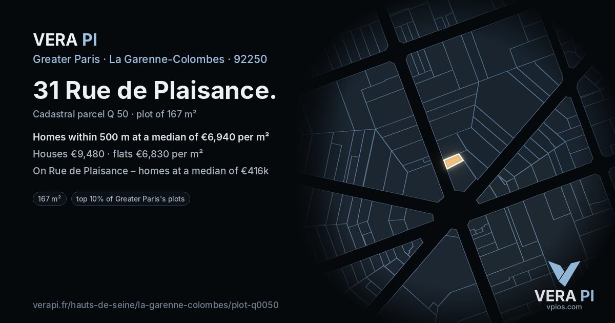 31 Rue de Plaisance, La Garenne-Colombes at night – the plot lit, the parcels around coloured by the prices near them