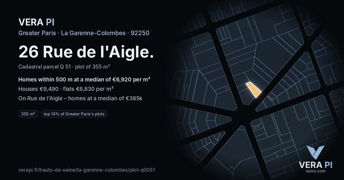 26 Rue de l'Aigle, La Garenne-Colombes at night – the plot lit, the parcels around coloured by the prices near them