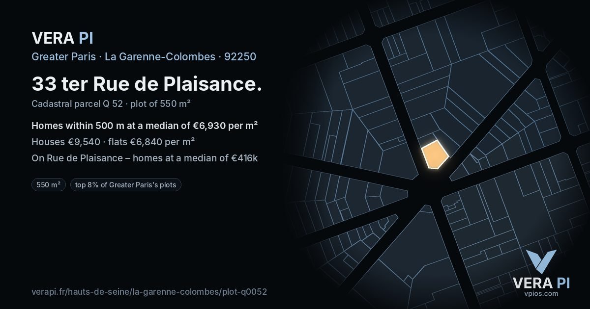 33 ter Rue de Plaisance, La Garenne-Colombes at night – the plot lit, the parcels around coloured by the prices near them