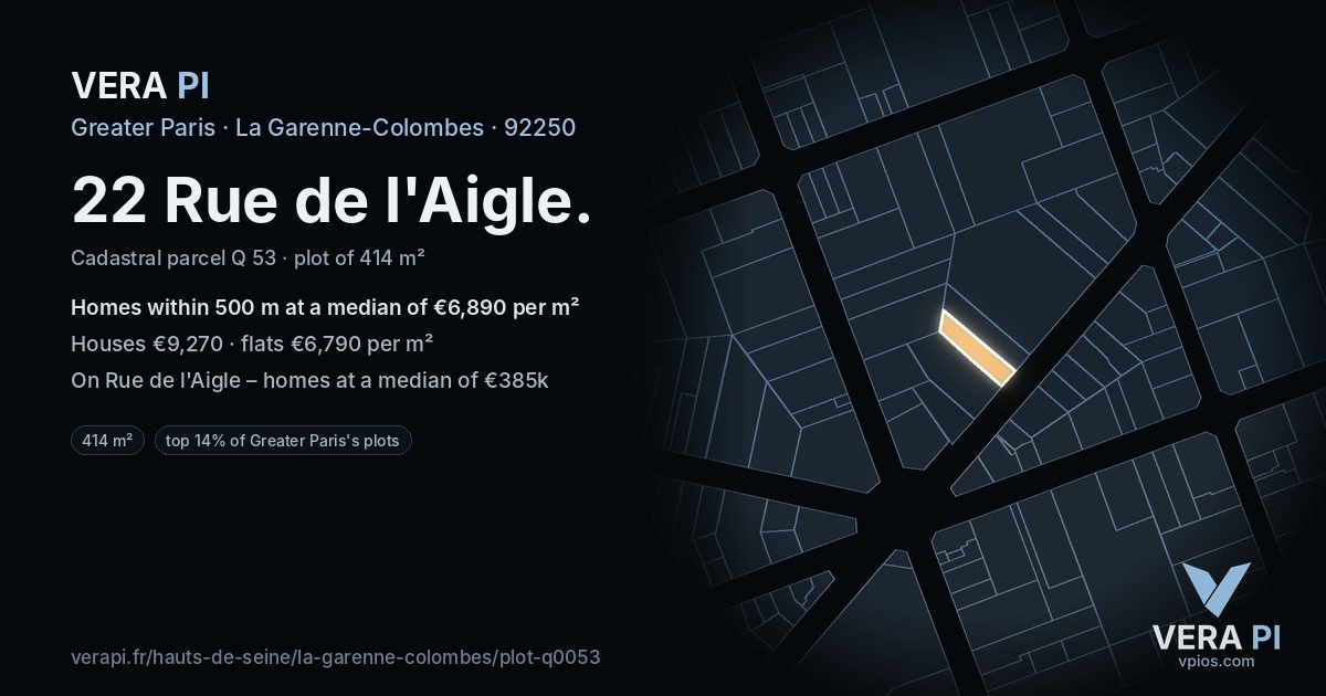 22 Rue de l'Aigle, La Garenne-Colombes at night – the plot lit, the parcels around coloured by the prices near them